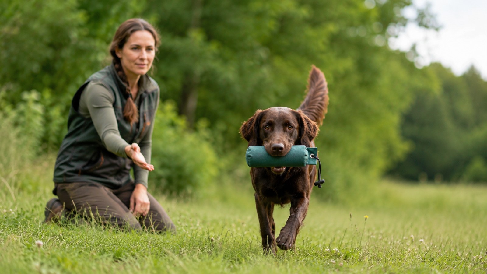 Hundetraining mit Dummy auf einer Wiese